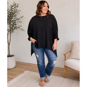 Oddi Black Oversized Smocked Cuff Tunic Blouse